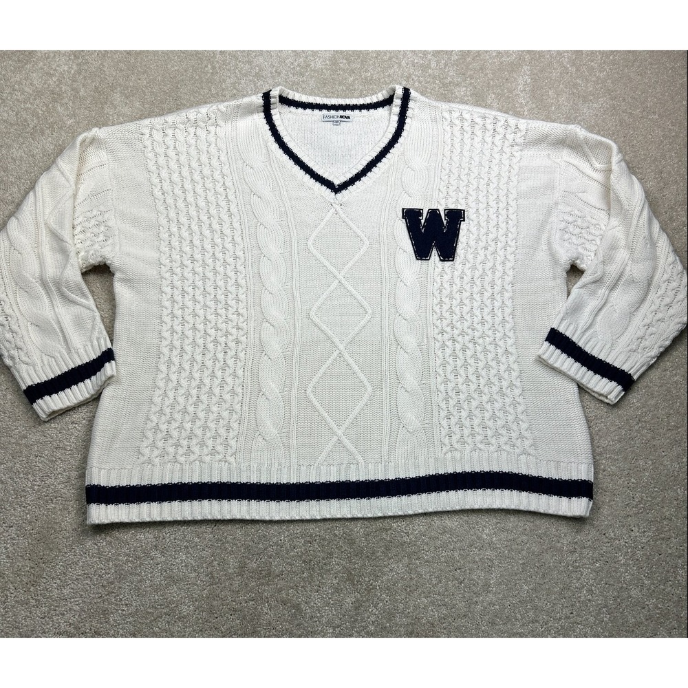 FASHION NOVA Women's‎ Sweater Cream Navy 3X Cable Knit V-Neck Letter W
